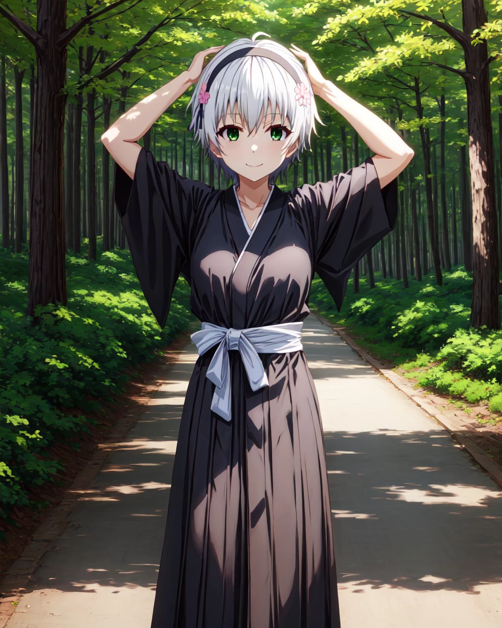 shinigami kimono,black kimono,black kosode,black hakama,<lora:Shinigami_kimono-000004:0.8>,
day,forest BREAK
shizuku kurogane,short hair,hair ornament,green eyes,flower,white hair,hairband,hair flower,
standing,smile,arms_up,looking_at_viewer,<lora:shizuku kurogane s1-lora-nochekaiser:0.7>,