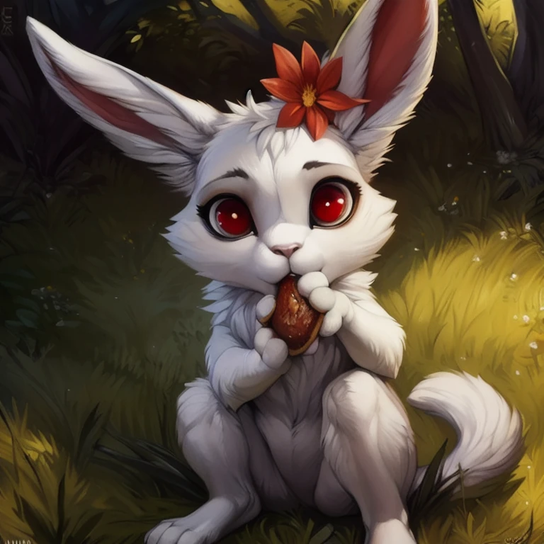 masterpiece,(by Homogenousrule, by Wildering, by Foxovh, by Catcouch),
jewel pet,Ruby,1girl,solo,looking at viewer,holding,animal ears,sitting,flower,outdoors,food,rabbit ears,no humans,eating,grass,furry,rabbit,white fur,red eyes
, <lora:jewel_pet:0.8>