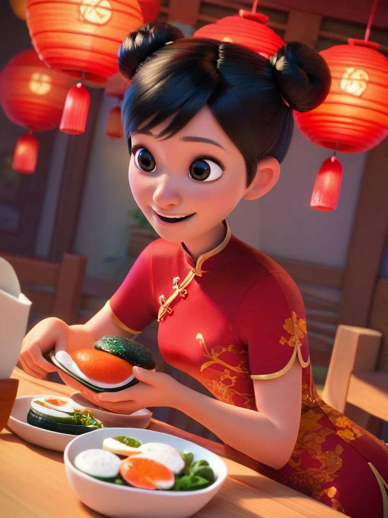 score_9, score_8_up, score_7_up, score_6_up, 1girl eating sushi, open mouth, food, restaurant, paper lantern, looking at food, black hair, hair buns, medium breast, black eyes, smile, red china dress, cute, cartoon, valley, wooden builds, cowboy shot, dynamic angle, from side,
<lora:DisneyStudios_style:1> DisneyStyleXLP