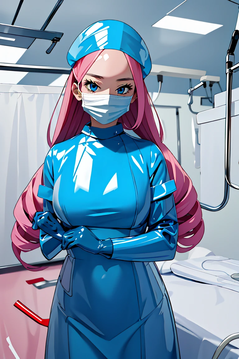 (RAW photo, best quality), (1girl), operating room, overhead surgical light,blurred background, focused,
<lora:Momoka Hanamura_CSC_V1.0:0.8> momoka hanamura, long hair, tsurime,pink hair, aqua eyes,
 <lora:Surgeon_Gloving_V1.0:0.7> (gloving_surgeon, solo, surgical mask, adjusting gloves, looking at viewer, long sleeves) <lora:Latex Nurse V2:0.8> (latex_nurse_surgical, mouth mask, latex, gloves, surgical mask, nurse cap, latex bodysuit),