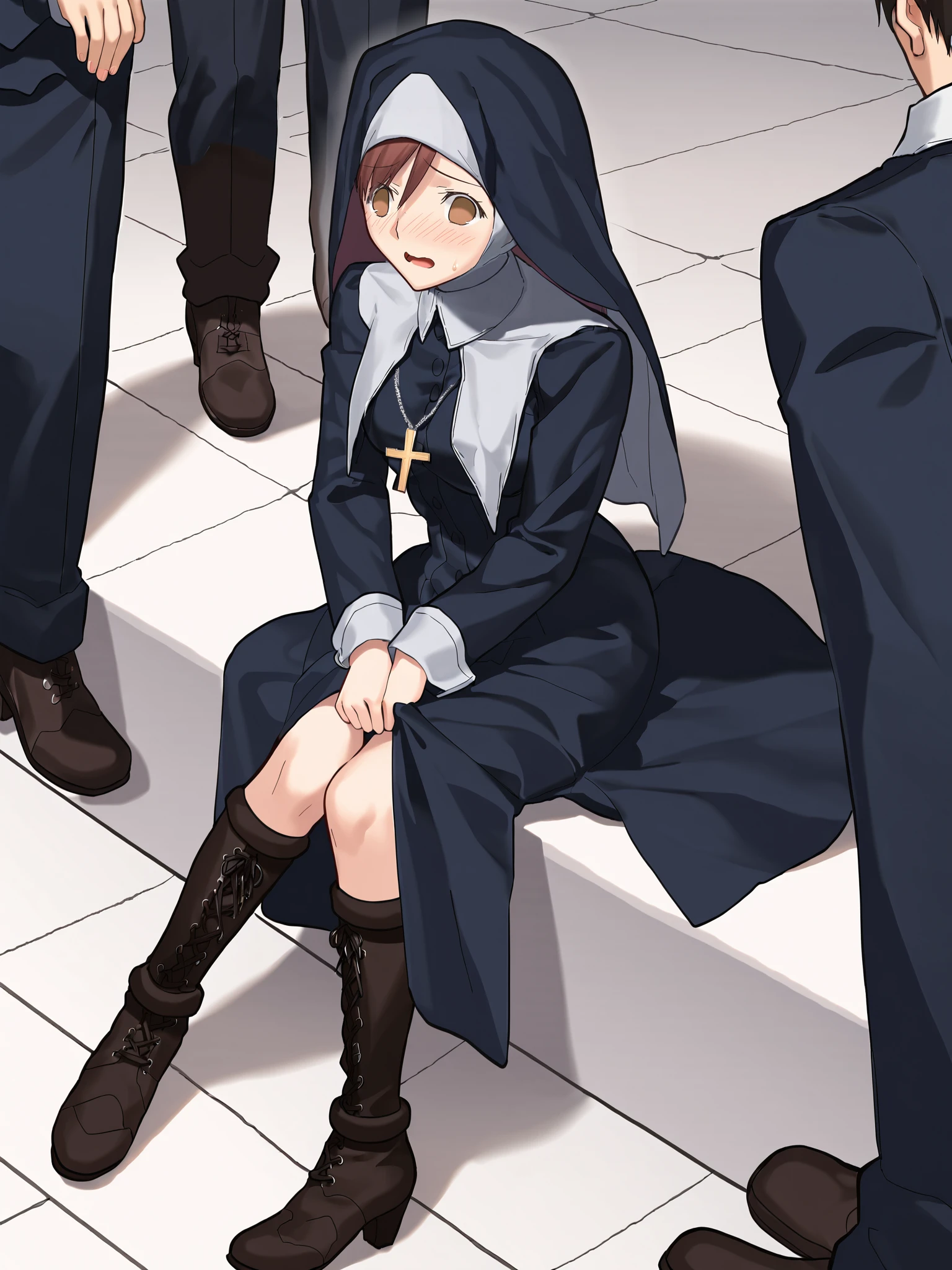 score_9, score_8_up, score_7_up, source_anime, BREAK
detailed face, detailed eyes, <lora:Tsukihime_Noel_Aizome_Pony_v1:0.9>,  1girl, (church, sitting, upper body, closeup:1), looking up at men, (shy, embarrassed:1.5),  (noel_veil:1.3), (nun, habit, veil:1.1), (crowds of worshippers:1.5), long black dress, long sleeves, knee boots, cross-laced boots, (short hair:1), cross necklace, skirt tug, pulling skirt down,