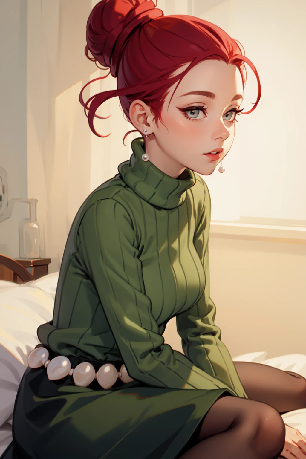 AgnesJohnson, red hair, single hair bun, eyeshadow, pearl earrings, turtleneck sweater, belt, skirt, pantyhose, shoes, 1girl, solo, portrait