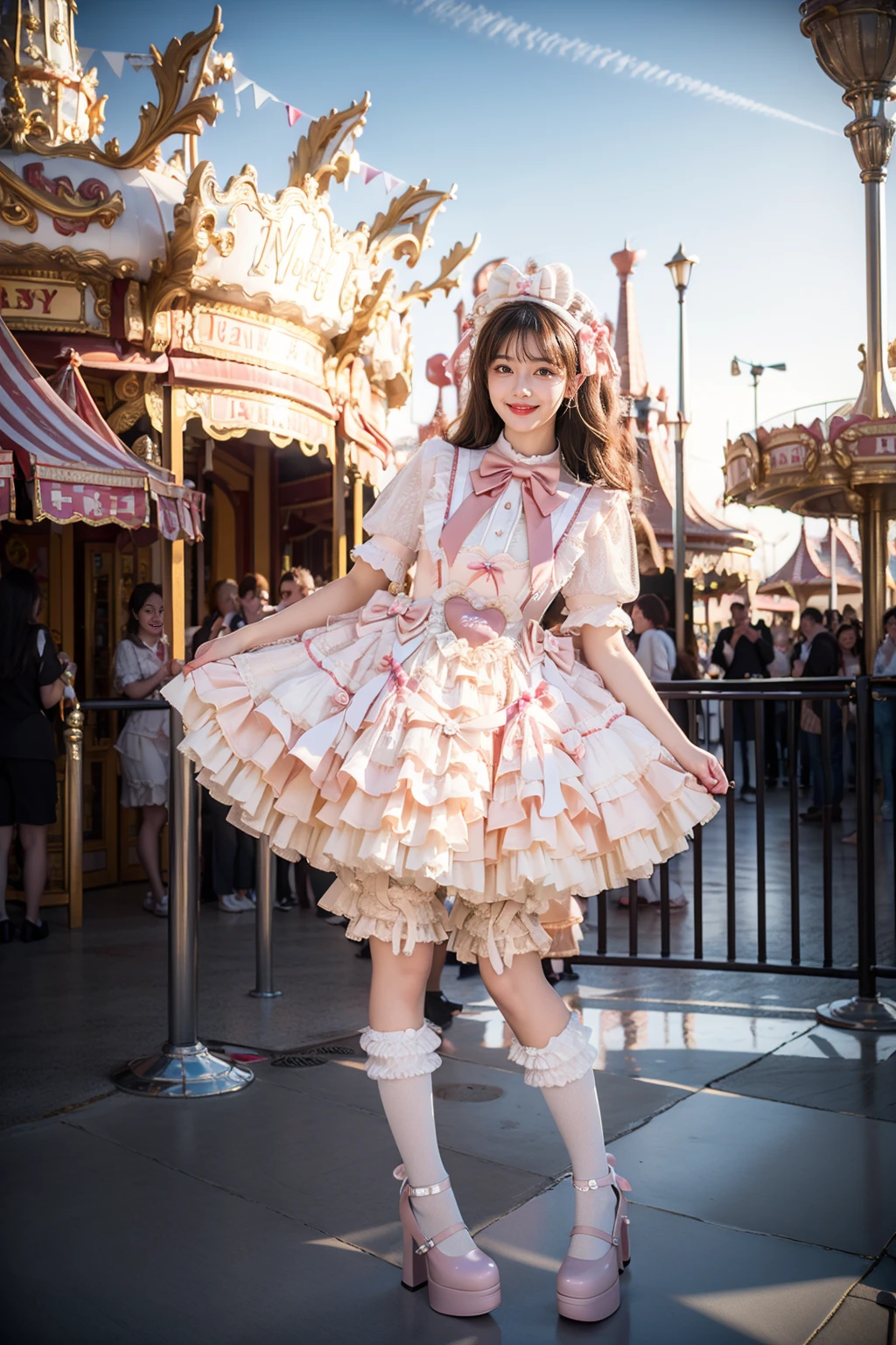 best quality, masterpiece, realistic, photorealistic, 1girl, solo, smile, black hair, long hair, standing, full body, cyb dress, dress, pink dress, layered dress, frilled dress, short sleeves, bloomers, white bloomers, ribbon, bowtie, frills, bow, dress bow, heart symbol, hair bow, hair ornament, frilled socks, platform heels, amusement park, people, detailed background, <lora:sweet_attire_style5_v1:0.7>, <lora:Background Detail Enhanced_Si_v3.0:1.5>