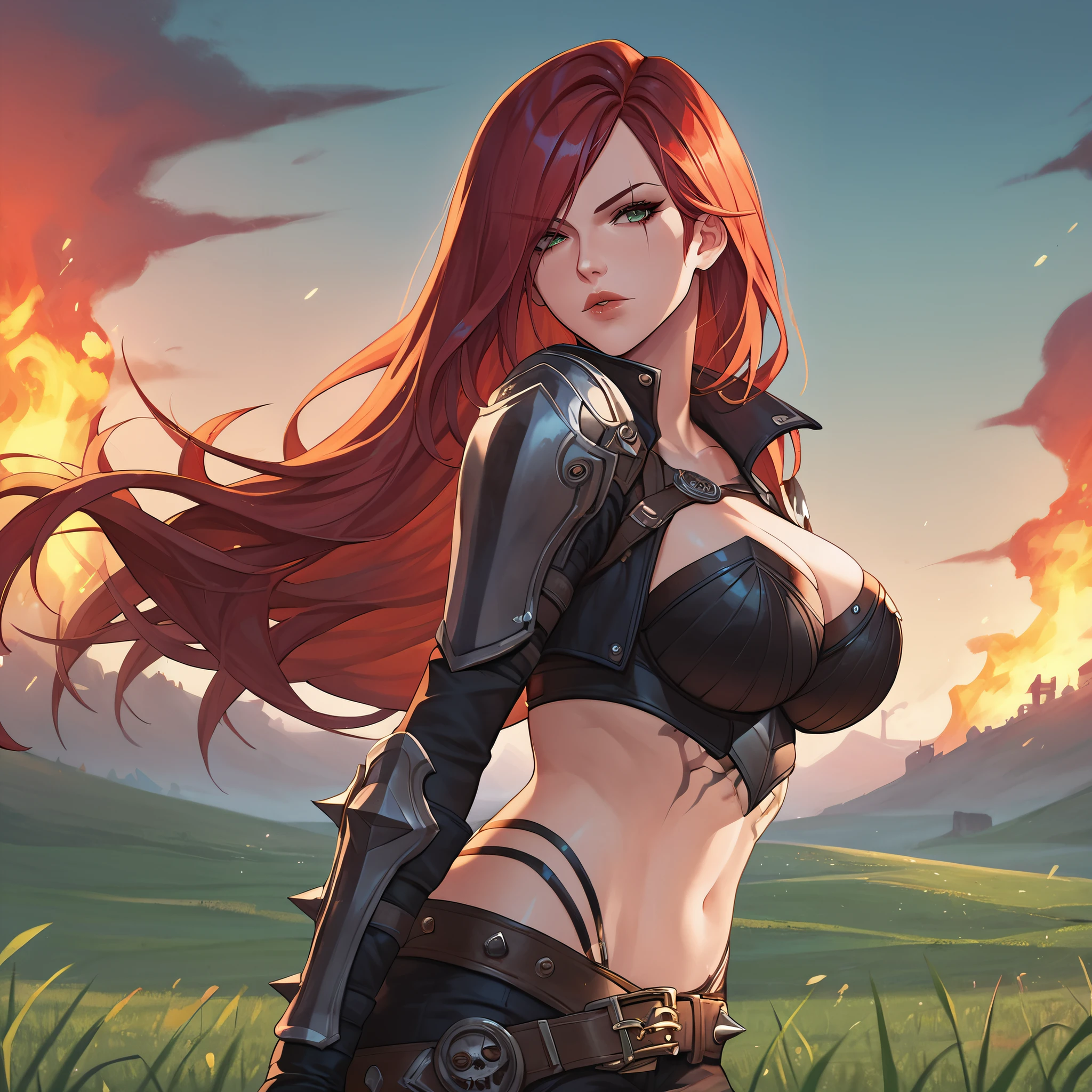 score_9, score_8_up, score_7_up, rating_questionable, source_anime,   <lora:katarinaXL:1> katarinaxl, 1girl, navel, gloves, midriff, lips, belt, armor, pants, field, (village burning in distance:1.1), , from side, looking at viewer,  <lora:StS_detail_slider_v1:2>