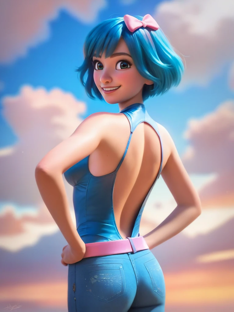 score_9, score_8_up, score_7_up, score_6_up, 1girl, blue dress, pants, pink belt, short hair, looking at viewer, dynamic angle, cowboy shot, cute, cartoon, epic pose, smile, blush, wide shot, cute eyes, magic vibes, bangs, floating hair, outdoors, detailed background, cinematic, sky, clouds, big breast, hair bow, naughty face, evil smile, hands on hips, realistic, ass focus, nsfw, backless outfit,
<lora:DisneyStudios_style:0.8> DisneyStyleXLP