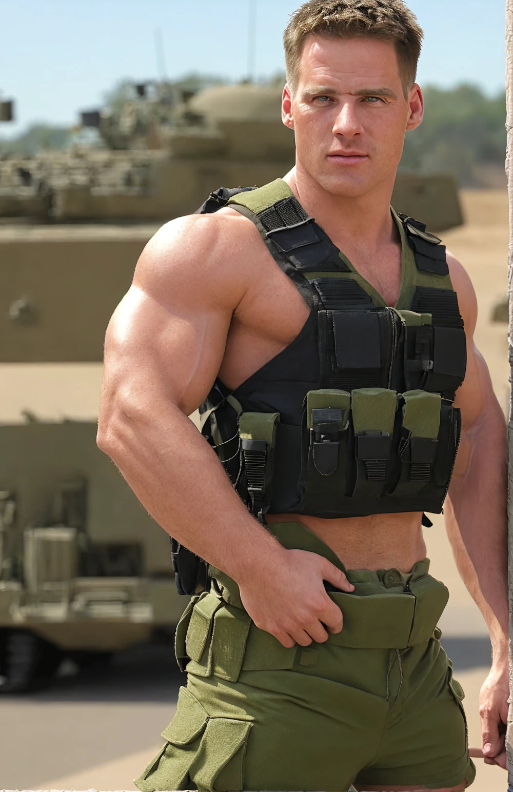 <lora:BulkedUpAIR1.5:0.1>. (close up body shot:0.7), at outdoor military base, sweaty:1.2, , wearing military shorts, (wearing open SWAT vest:1.1), confident, handsome, (((masterpiece))), (((best quality))), <lora:more_details:0.1>, large pectorals, big muscles, ((hands on waist),  jock hairstyle:1.2, <lora:codnfdle878c73f3ko50:1.1>, benbrowder