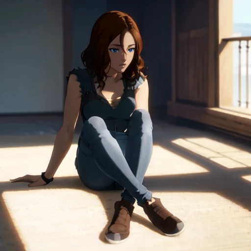 Highest Quality, Highest Resolution, perfect background, perfect perspective, sharp image, perfect details, perfect lighting, perfect shadows, Perfect lighting, Best background, best anime, 1girl, helena walker, tan skin, brown hair, lips, blue eyes, indoors, sitting, full body, medium breasts,  detailed hands, legs straight, pants,