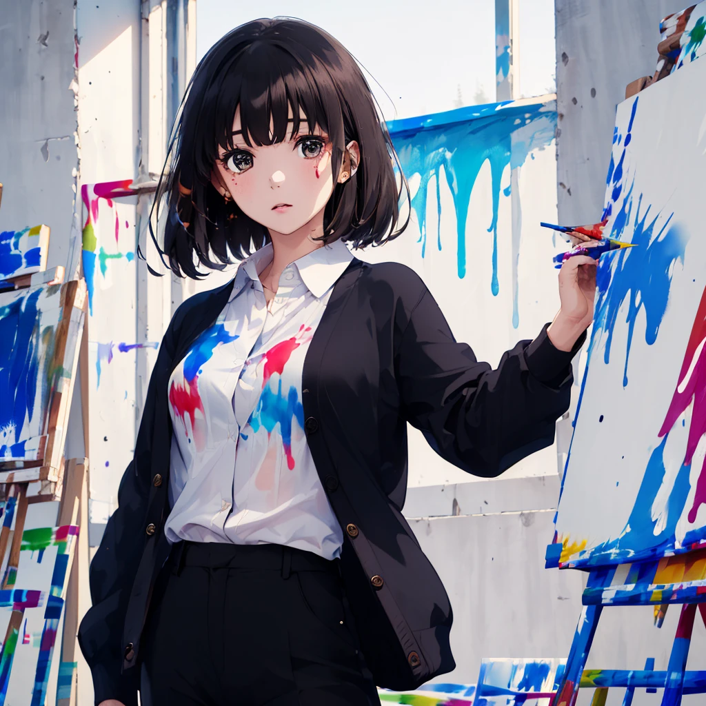 masterpiece,best quality,Ultra detailed,1girl,<lora:staingirl-000005:0.7>,staingirl,black cardigan,collared shirt,open clothes,open cardigan,shirt tucked in,black pants,brown eyes,There's a stain on her shirt,(She has paint on her shirt:1.5),