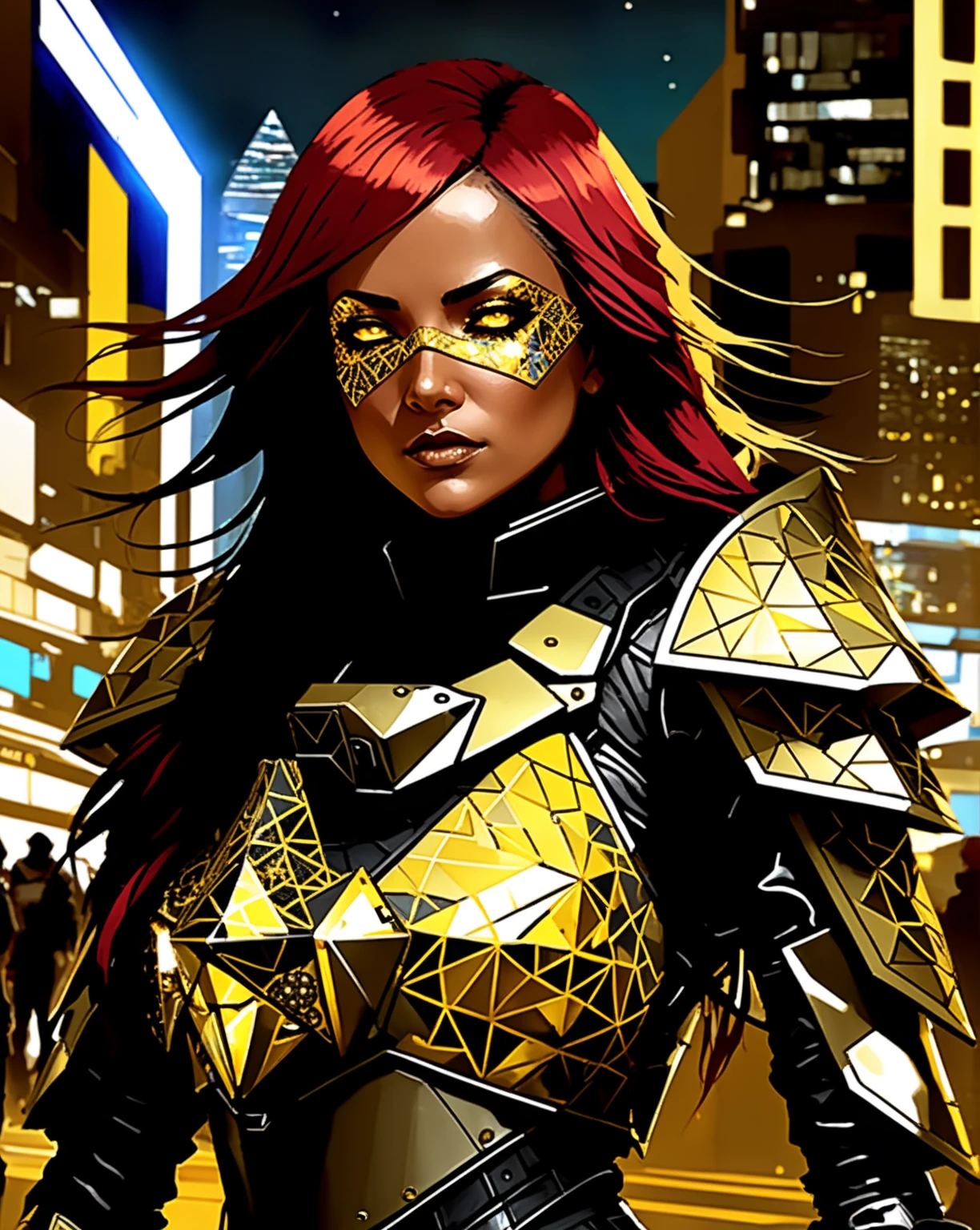 dxhr style <lora:dxhr_v2_sdxl:1>, vector shapes, concept art, (close up portrait) of a grizzled veteran battle-scarred woman with really long red and black hair, wearing a bulky shiny [metallic|stone] yellow skintight full body (fractal pattern sierpinski triangle armor), detailed cybernetic yellow holographic eyes, extremely detailed cyborg face, detailed armor, in a (well lit crowded city square plaza), night time, cluttered busy background, intricate details, professional digital art, flat colors, flat shaded