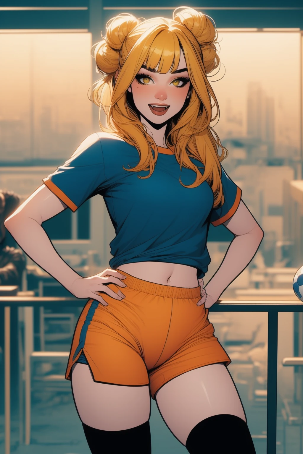 1girl, solo, breasts, looking at viewer, blush, smile, open mouth, bangs, blonde hair, shirt, thighhighs, holding, medium breasts, standing, yellow eyes, short sleeves, heart, sidelocks, cowboy shot, shorts, teeth, black thighhighs, blunt bangs, hair bun, hand on hip, short shorts, double bun, fangs, blue shirt, messy hair, ball, sportswear, soccer uniform, soccer ball, orange shorts, soccer, toga himiko<lora:EMS-349021-EMS:1.300000>