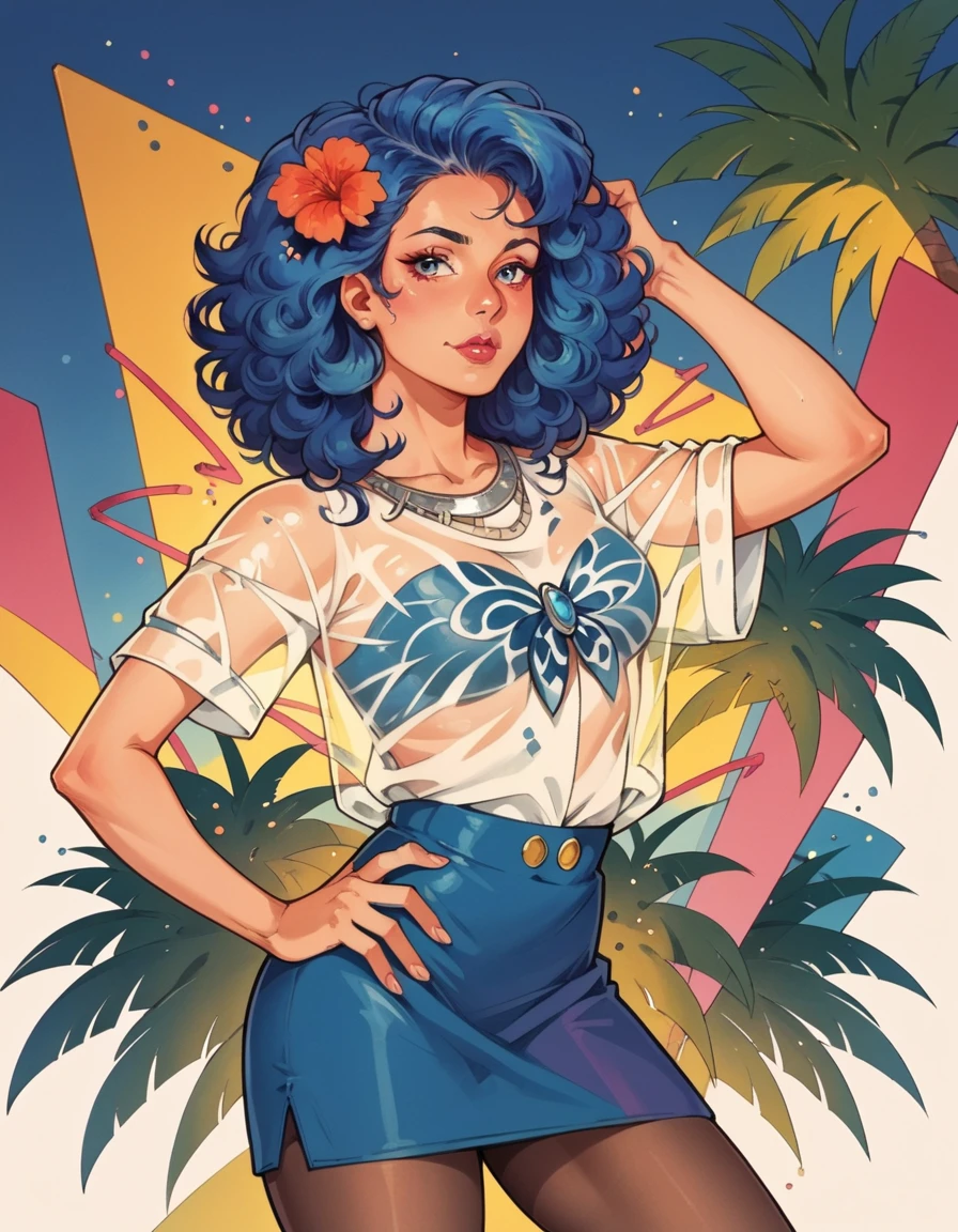 score_9, score_8_up, score_7_up, score_6_up, score_5_up, score_4_up, blue curly hair, flower, shirt, skirt, see-through, hud_jem_boxart, colorful retro artstyle, colorful background, makeup, lipstick, palm trees, <lora:Jem_80s_Cartoonbox_art:0.8>, medium breasts, hand on hip, jewelry, pantyhose