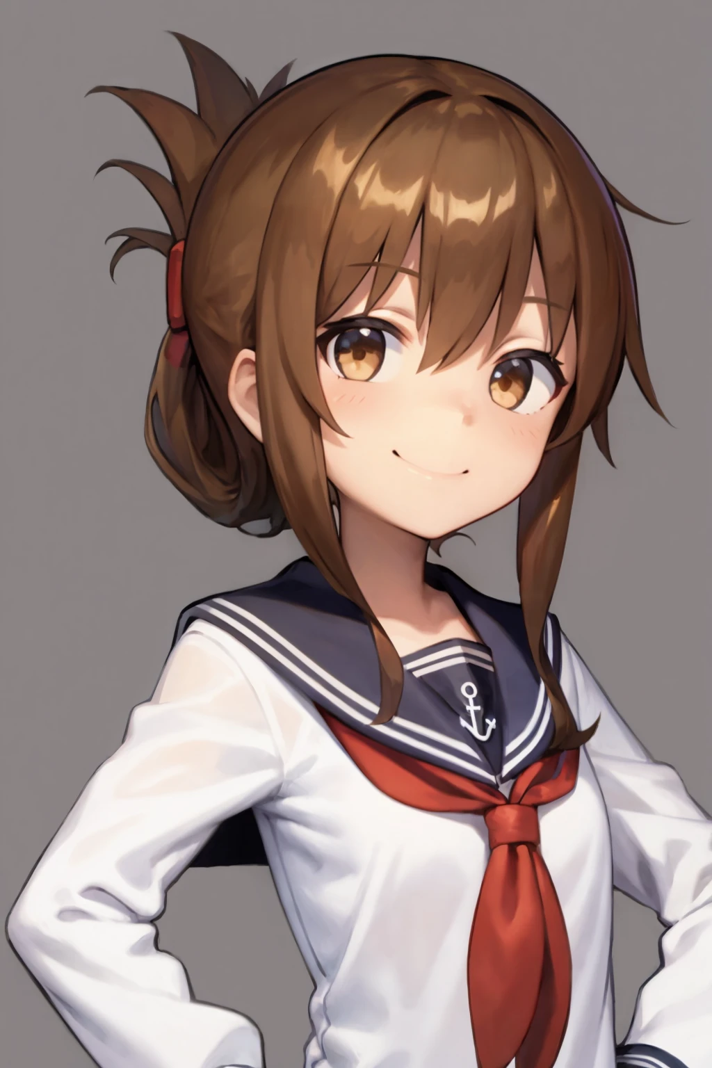 masterpiece, best quality,
1girl,  inazuma \(kancolle\), brown hair, folded ponytail, long hair, brown eyes, 
anchor symbol, black sailor collar, long sleeves, neckerchief, school uniform, serafuku, pleated skirt, black skirt,
hands on hips, smile, upper body, solo, looking at viewer, simple background, solid grey background   <lora:Inazuma:1>