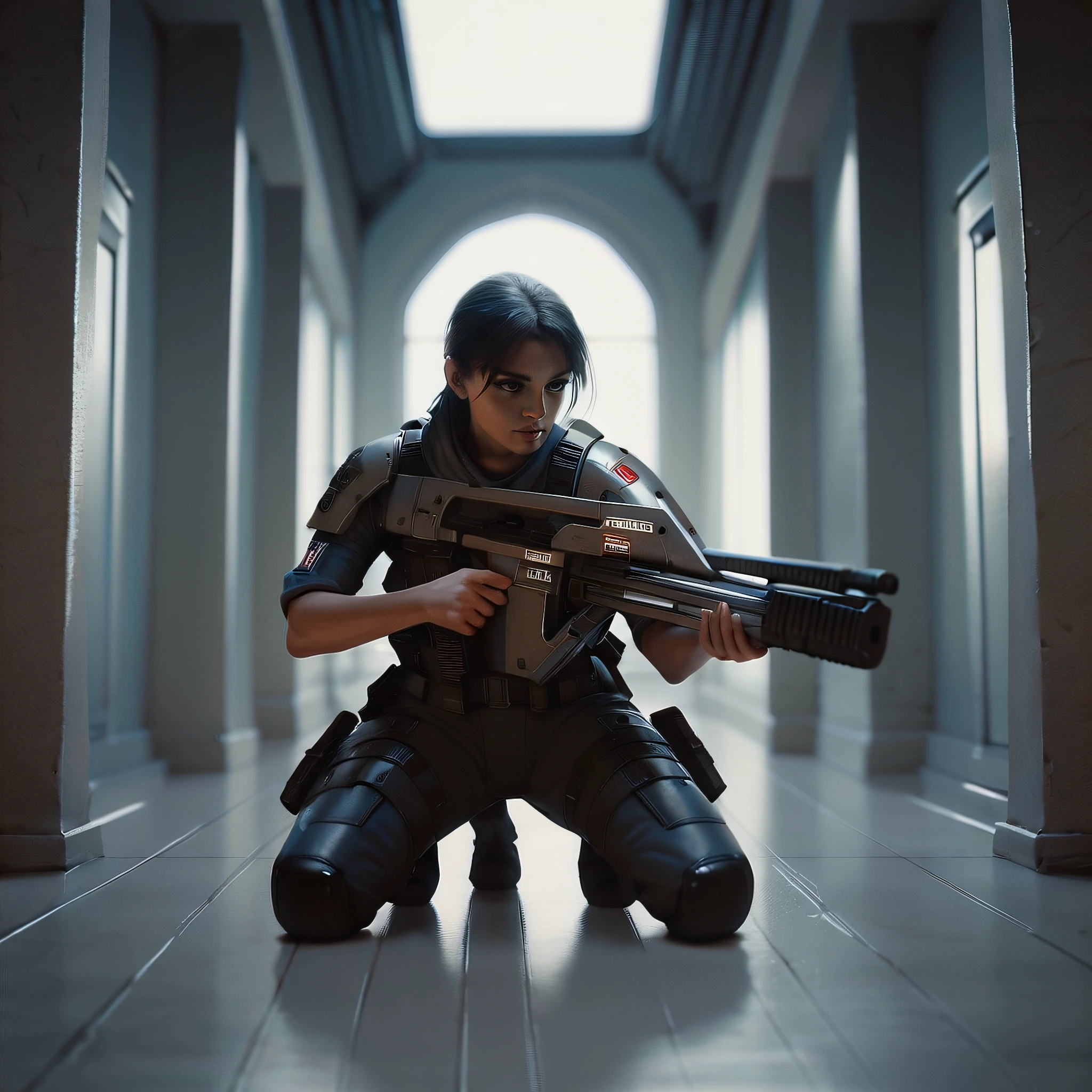 score_9, score_8_up, score_7_up, score_6_up, score_5_up, score_4_up, source_anime, BREAK, a female soldier in miltary uniform armor kneeling aiming a rifle with both hands, 1girl, m41apls, corridor, science fiction