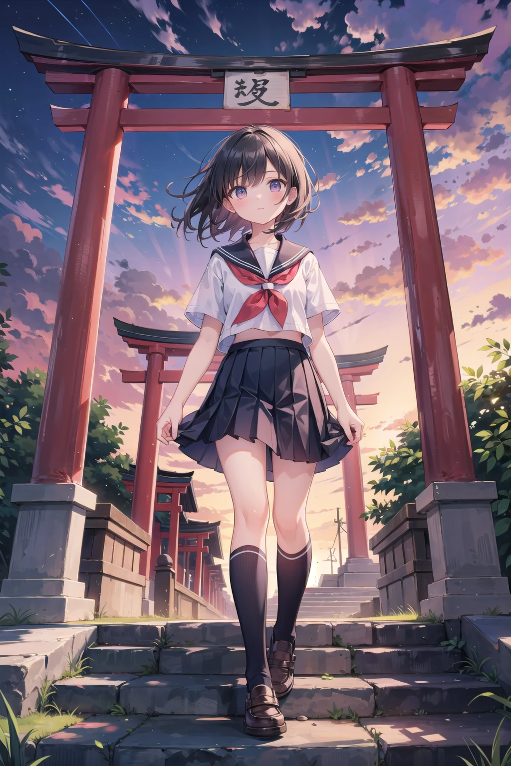 (masterpiece), (evening, sunset, twilight:1.2), scenery, 1girl, torii, sky, cloud, outdoors, stairs, school uniform, skirt, solo, lantern, socks, serafuku, hand fan, tree, black hair, kneehighs, paper lantern, holding, short hair, cloudy sky, pleated skirt, grass, black socks, short sleeves, white shirt, standing, shirt, paper fan, sailor collar, star \(sky\), black skirt