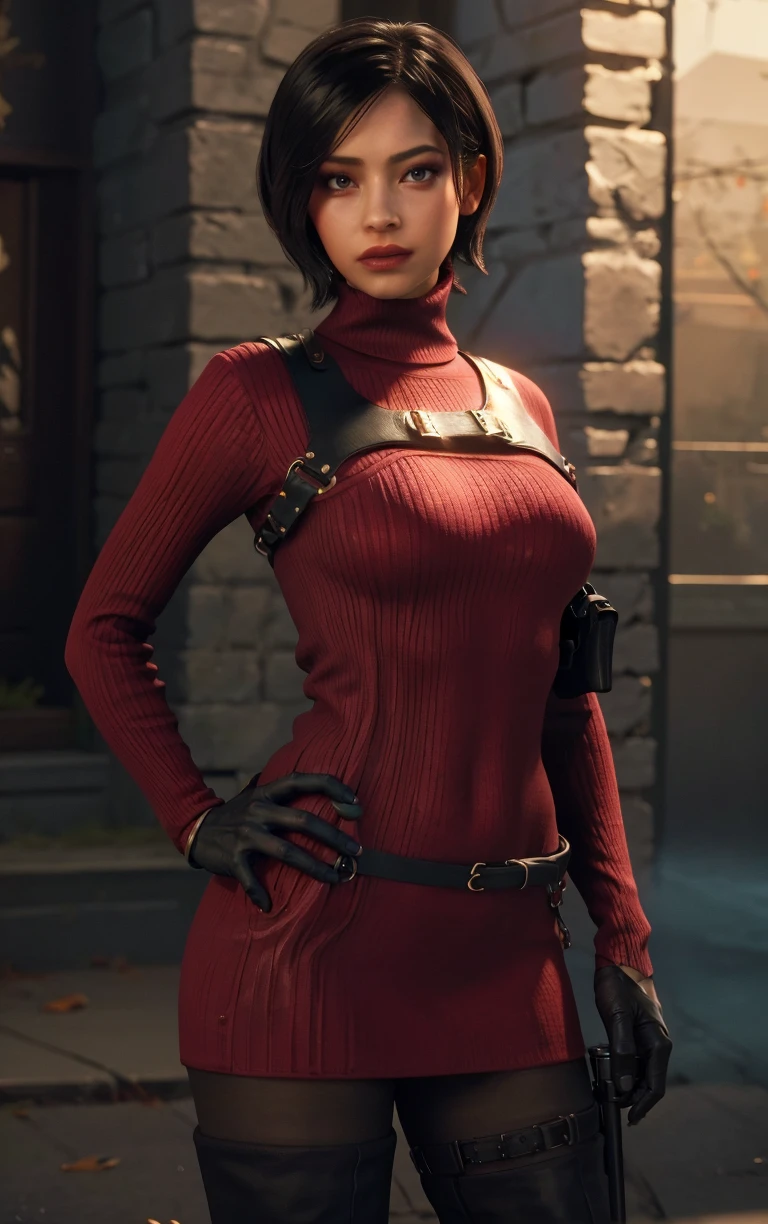 (masterpiece, best quality:1.4), insaneres, absurdres, solo, looking at viewer,BREAK 
GAME_ResidentEvil4Remake_AdaWong_ownwaifu,
1girl, asian, black hair, short hair, brown eyes, lips, bangs, large breasts, red lips, makeup, lipstick,
sweater, dress, gloves, holster, shoulder holster, black gloves, turtleneck, turtleneck sweater, sweater dress, ribbed sweater, long sleeves, harness,
belt, thighhighs, pantyhose, thigh boots, black thighhighs, red sweater, red dress, 
(contrapposto, hand on hip), sunset, sidelighting, outdoors, <lora:GAME_ResidentEvil4Remake_AdaWong_ownwaifu:1> , depth of field