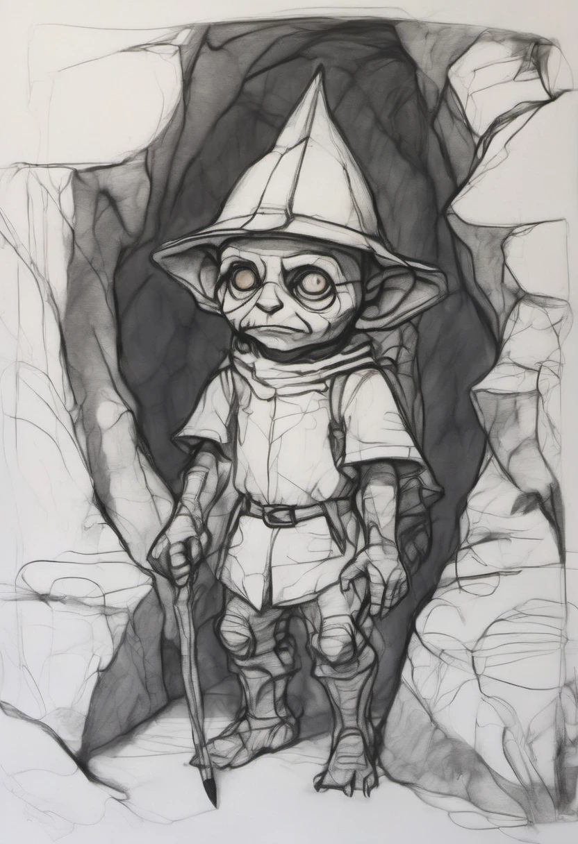 pencil contour drawing of diminutive goblin in an iron helmet before the dark entrance to a deep cave