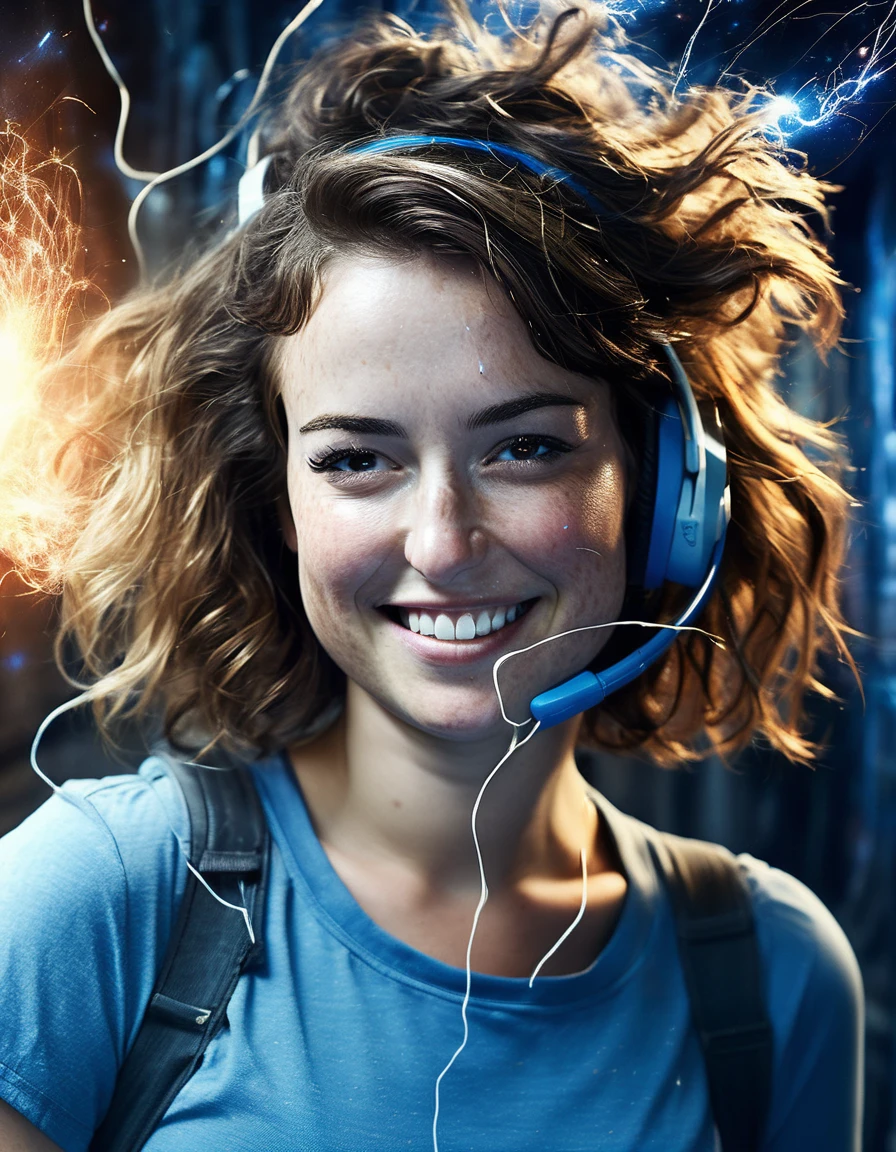 <lora:Milana Vayntrub -000007:1.0>, mlnvyntrbsqgrl woman,  communication wires, ethernet cables, space fragmentation, messy hair, laughing, fire, wearing a blue AT&T shirt,  glowing hand, surreal, upper body, dynamic pose, Travel through time and space,Blue and white theme, ultra highres, sharpness texture, High detail RAW Photo, detailed face,