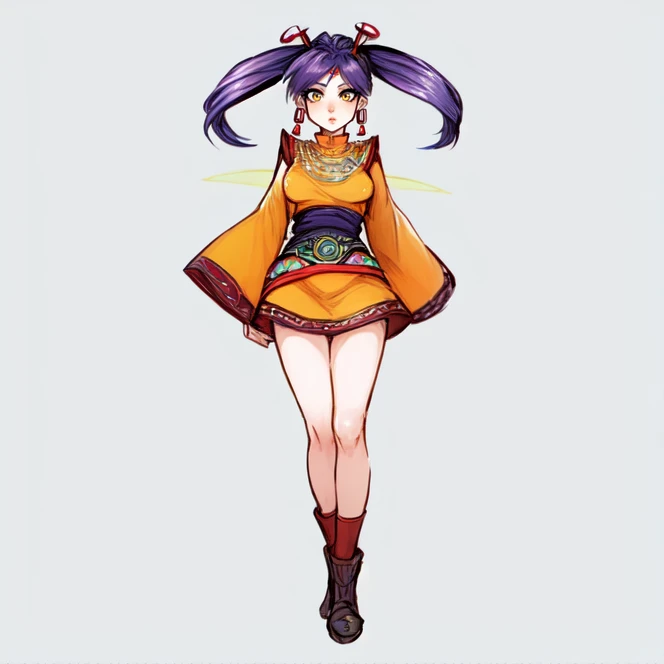 full body shot, solo, <lora:tioGrandia2:0.6>, tio_grandia, jewelry, earrings, twintails, yellow eyes, antennae, purple hair, green wings, translucent wings, short hair, hair tubes, orange dress, dress, bare legs, short dress, purple brow marks, long sleeves, wide sleeves, gold necklace, sash, bracers, socks, boots, simple background, highres, Digital art, trending on artstation, best quality, insanely detailed, masterpiece, stunning environment, wide-angle,