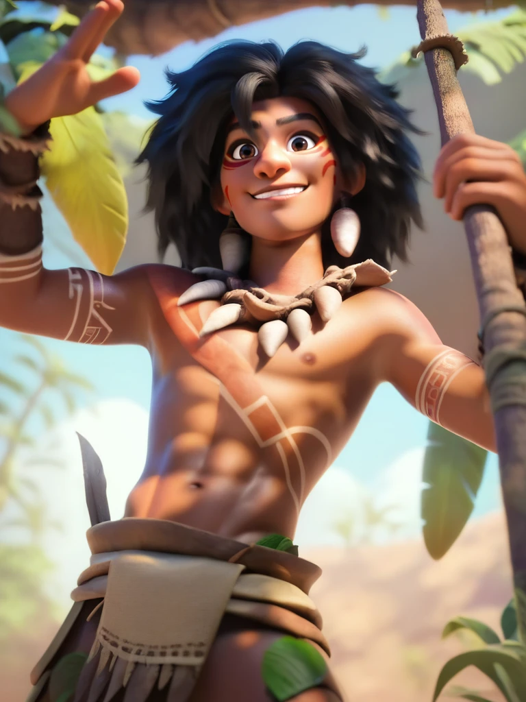score_9, score_8_up, score_7_up, score_6_up, 1boy holding a lance, tribal tattoom, tribal clothes, jungle, a lot of vegetation, looking at looking at viewer, smile, cute, cartoon, cowboy shot, dynamic angle, epic pose, from below, skinny, dark skin, black hair,
<lora:DisneyStudios_style:1> DisneyStyleXLP
