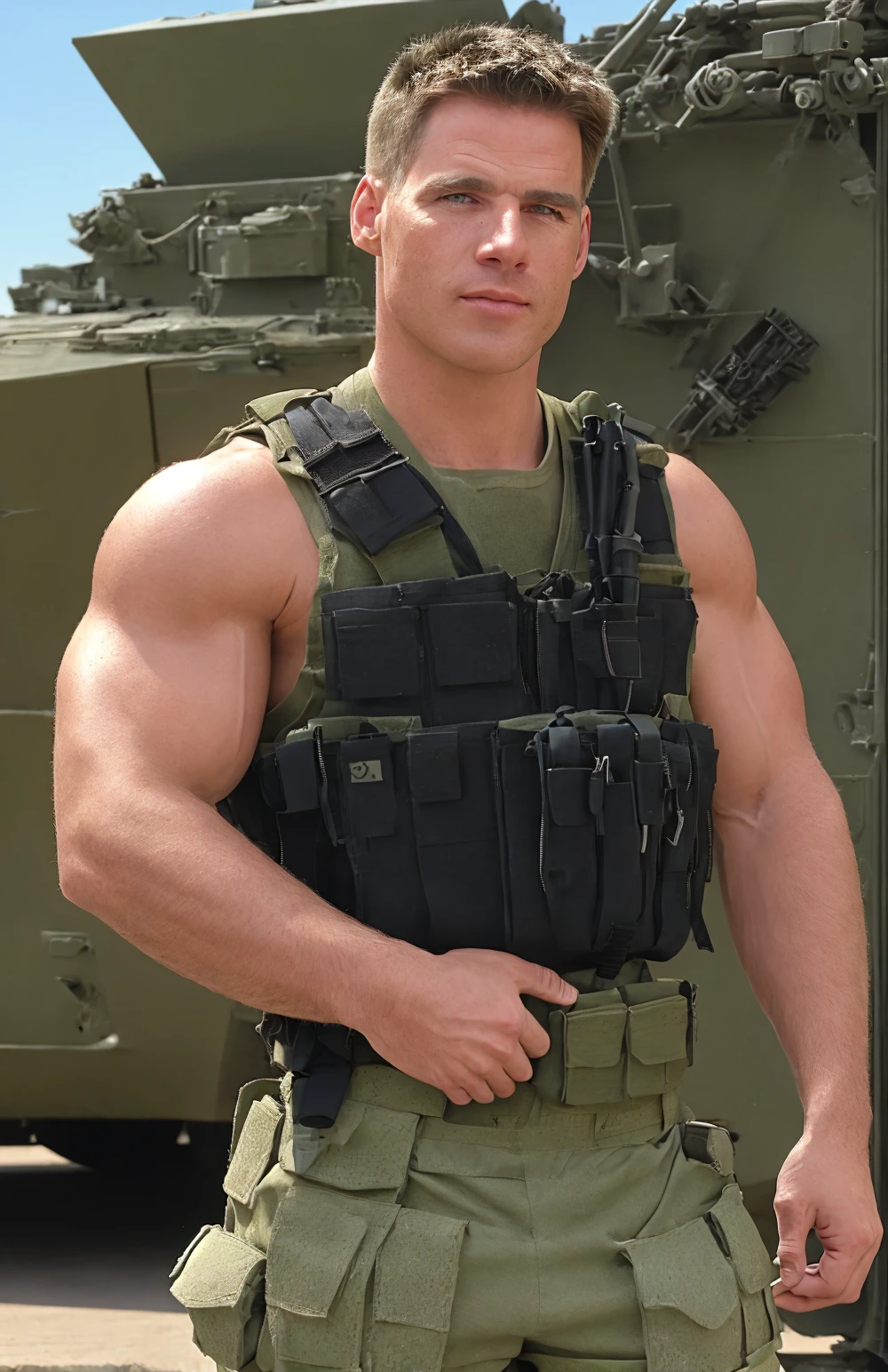 <lora:BulkedUpAIR1.5:0.1>. (close up body shot:0.7), at outdoor military base, sweaty:1.2, , wearing military shorts, (wearing open SWAT vest:1.1), confident, handsome, (((masterpiece))), (((best quality))), <lora:more_details:0.1>, large pectorals, big muscles, ((hands on waist),  jock hairstyle:1.2, <lora:codnfdle878c73f3ko50:1.1>, benbrowder