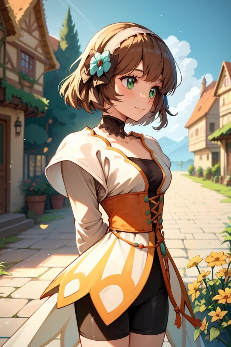 score_9, score_8_up, score_7_up, very aesthetic, source_anime, detailed, high quality, beautiful, masterpiece, detailed eyes,
<lora:lightXL:0.8>
village, mountain in the background, blurry background,
cowboy shot, upper body, 
light smile, small breasts,  hands behind back, looking away, blush, looking away, fidgeting,
<lora:leia_autismConfetti_v01:0.99>
leia rolando, 1girl, brown hair, green eyes, short hair, hair ornament, brown footwear, bike shorts, choker, hair flower, hair ribbon, zPDXL