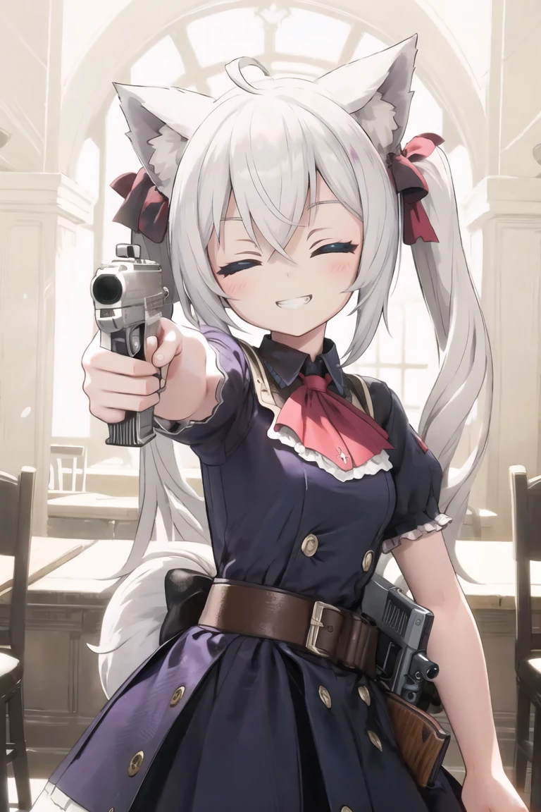 (masterpiece),best quality,1girl,gun,animal ears,solo,closed eyes,twintails,smile,holding gun,dress,aiming at viewer,short sleeves,handgun,animal ear fluff,upper body,grin,teeth,