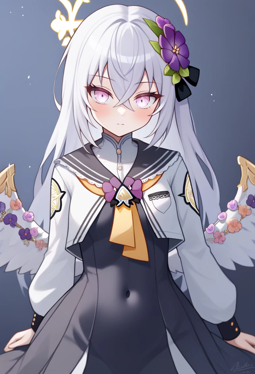 score_9,score_8_up,score_7_up,<lora:blue_archive_all_v2:1>,closed_mouth, long_sleeves, weapon, 1girl, logo, covered_navel, wings, solo, green_flower, purple_flower, azusa_\(blue_archive\), school_uniform, leaf, blush, chinese_commentary, black_sailor_collar, hair_flower, highres, looking_at_viewer, absurdres