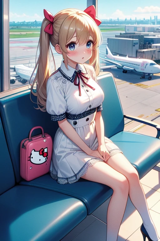 (((masterpiece))), (((best quality))), (((closeup))), (((overlooking))), ((departure lounge)), ((floor-to-ceiling windows)), ((glass)), ((reflection)), sitting on airport seating, thin hips, neck ribbon, OL suit, miniskirt, high heels, suitcase, airplane, service personnel, hello kitty logo, solo, 1girl, big tits, blonde twintails, ribbon, sweat, shy, blush, slim figure, <lora:girllikedeparturelounge:0.9>