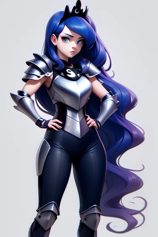 princess_luna wearing full plate armor, hands on own hips, black crescent crown, simple background <lora:luna-08:0.9>, masterpiece, best quality