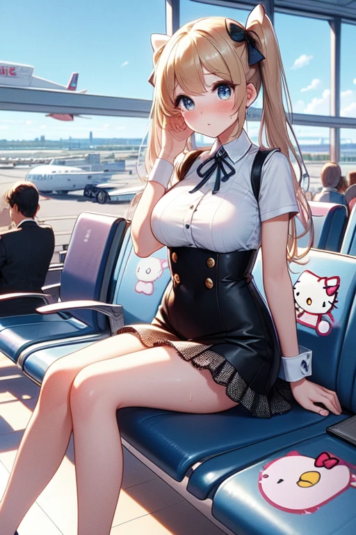 (((masterpiece))), (((best quality))), (((closeup))), (((overlooking))), ((departure lounge)), ((floor-to-ceiling windows)), glass, reflection, sitting on airport seating, thin hips, neck ribbon, OL suit, miniskirt, high heels, suitcase, airplane, service personnel, hello kitty logo, solo, 1girl, big tits, blonde twintails, ribbon, sweat, shy, blush, slim figure, <lora:girllikedeparturelounge:0.9>