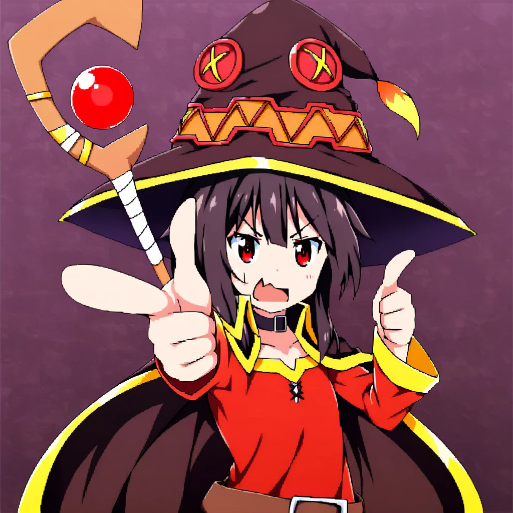 a   megumin pointing at something with a finger, <lora:fingergun:0.85>,   <lora:MeguminXL_v2.5:0.8> , witch hat, cape, staff