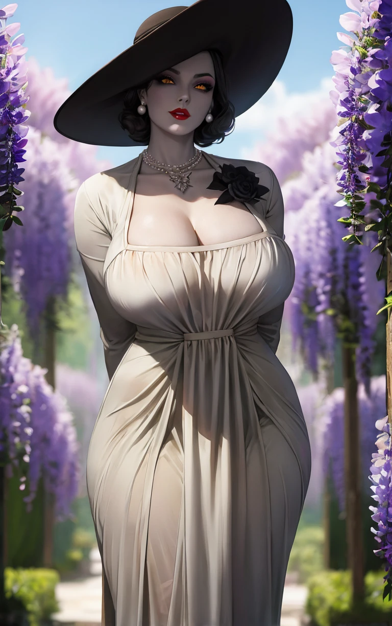 (masterpiece, best quality:1.4), insaneres, absurdres, solo, looking at viewer,BREAK 
GAME_REvilVill_LadyDimitrescu_whitedress_ownwaifu,
1girl, pale skin, (grey skin), colored skin, pearl necklace, black hair, short hair, yellow eyes, colored sclera, mature female, large breasts, huge breasts, tall female, giant, giantess, lips, collarbone, jewelry, necklace, earrings, lipstick, makeup, breasts, red lips, 
cleavage,  white dress, hat, sun hat, black rose, black gloves, gloves,  black headwear, long dress, long sleeves,
(leaning forward, arms behind back), cowboy shot, garden, wisteria, outdoors, <lora:GAME_REvilVill_LadyDimitrescu_whitedress_ownwaifu:0.85> , depth of field