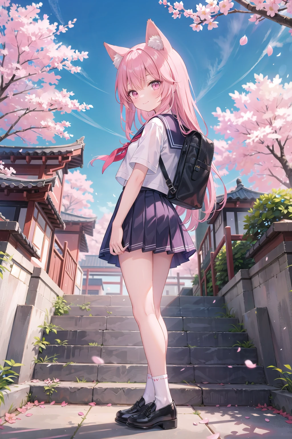 (masterpiece), 1girl, pink hair, school uniform, solo, long hair, skirt, bag, stairs, outdoors, fox ears, socks, black socks, cherry blossoms, looking back, serafuku, black skirt, looking at viewer, shirt, pleated skirt, animal ears, white shirt, shoes, east asian architecture, school bag, short sleeves, full body, pink eyes, tree, architecture, low-tied long hair, sky, sailor collar, day, bangs, blue sky, black footwear, charm \(object\), standing, smile, shoulder bag