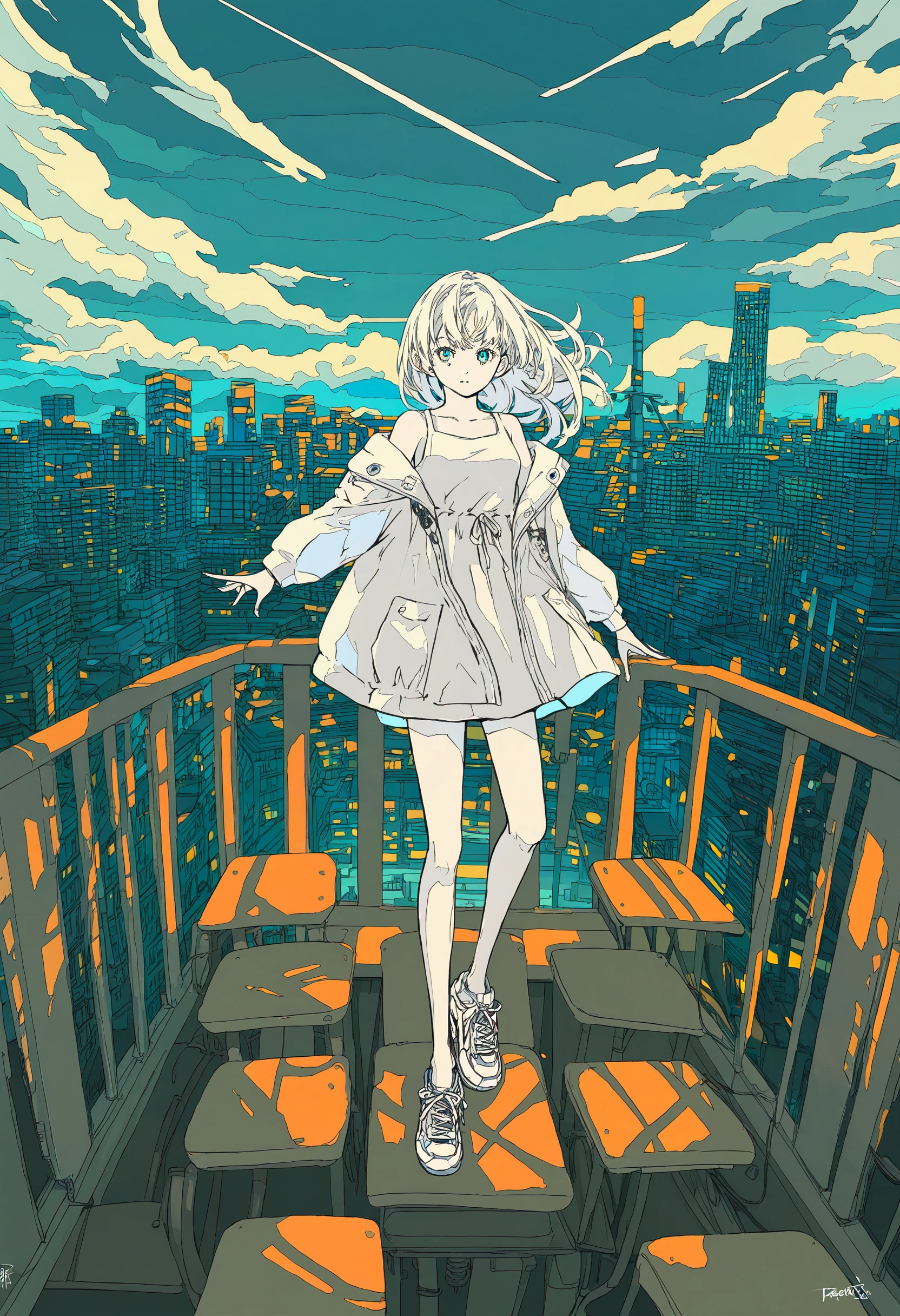 score_9,score_8_up,source_anime,<lora:Seraphitalg_XL:1>,1girl,solo,front view,looking at viewer,shoes,full body,sundress,long sleeves,open jacket,jacket,white footwear,limited palette,flat color,building,cityscape,night,long hair,wind,wind lift,white hair,sneakers,cloud,wide shot,sky,bare shoulders,bare legs,barefoot,