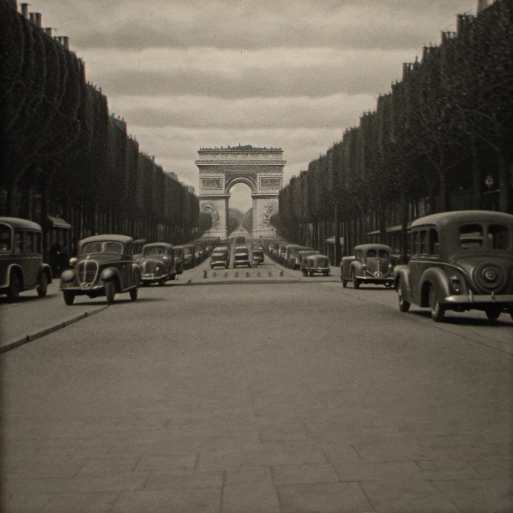 Create a black and white image that embodies the essence of Paris, France, in the year 1947, with a particular focus on the arc de triomphe. The composition should capture the nostalgic and romantic atmosphere of post-war Paris, highlighting the timeless elegance of the arc de triomphe as it stands tall against the backdrop of the city. The image should be rich in detail, showing the architecture and possibly even the cobblestone streets that lead to the iconic structure, giving it a strong sense of place and time. The use of light and shadow should enhance the vintage feel, evoking the classic photography style of the mid-20th century. This scene should be devoid of modern elements, ensuring the viewer is transported back to 1947, feeling the history and charm of Paris during this era.