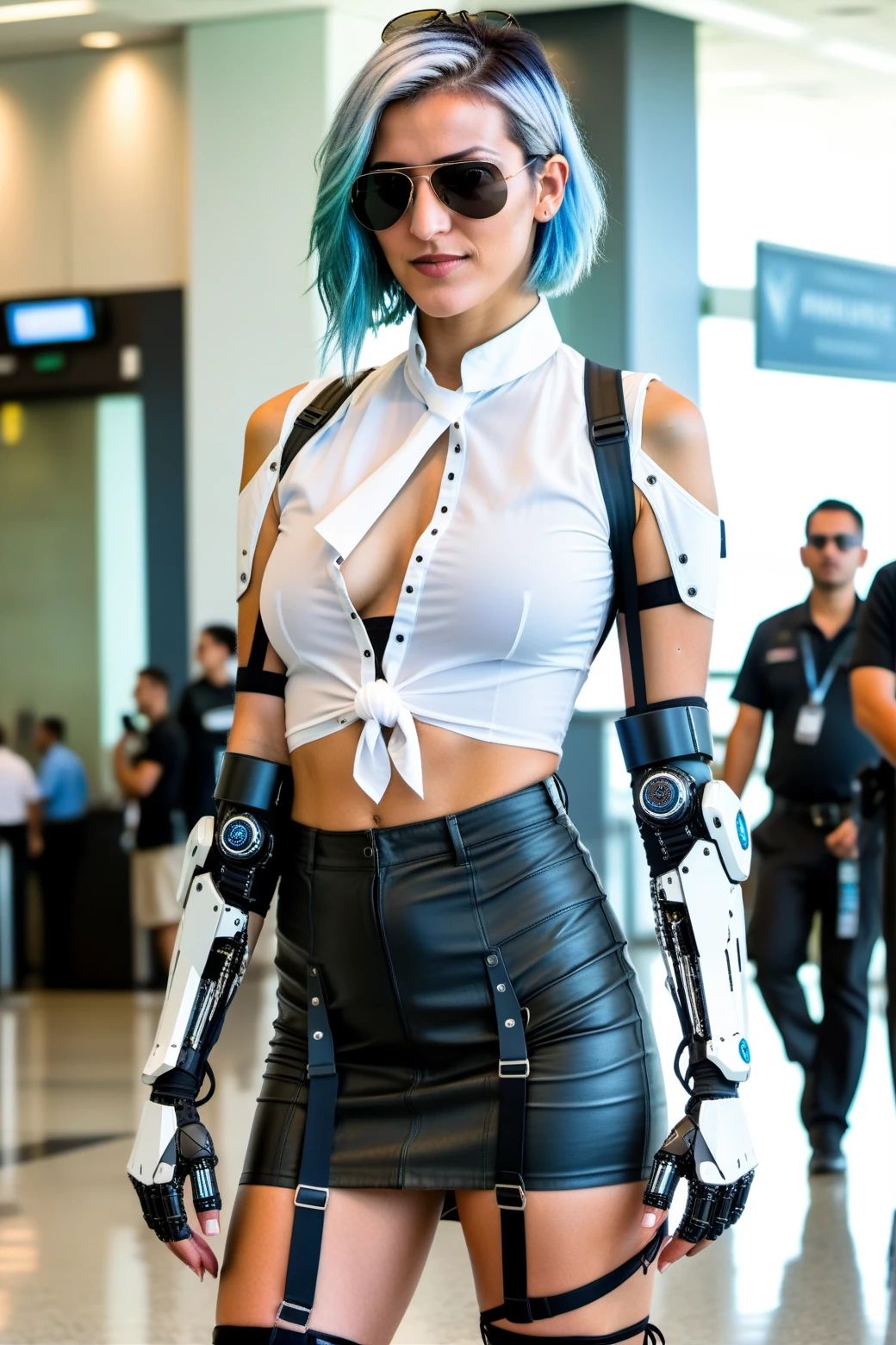 dxhr style <lora:dxhr_v2_sdxl:1> A photorealistic portrait of a sexy young female fighter pilot with light blue hair, wearing aviator sunglasses, black miniskirt, nylon (unbuttoned and tied white shirt crop top:1.2) with harness, sleek faceted sierpinski triangle fractal pattern (black robotic prosthetic arm [glove::0.2] and hands and fingers and shoulders:1.2), standing posing in an airport, robot bionic communicator microphone on face, natural skin texture, RAW photo, photorealism, photorealistic, intricate, elegant, highly detailed, sharp focus, ((((cinematic look)))), soothing tones, intricate details, daytime, hyperdetailed, exposure blend, hdr