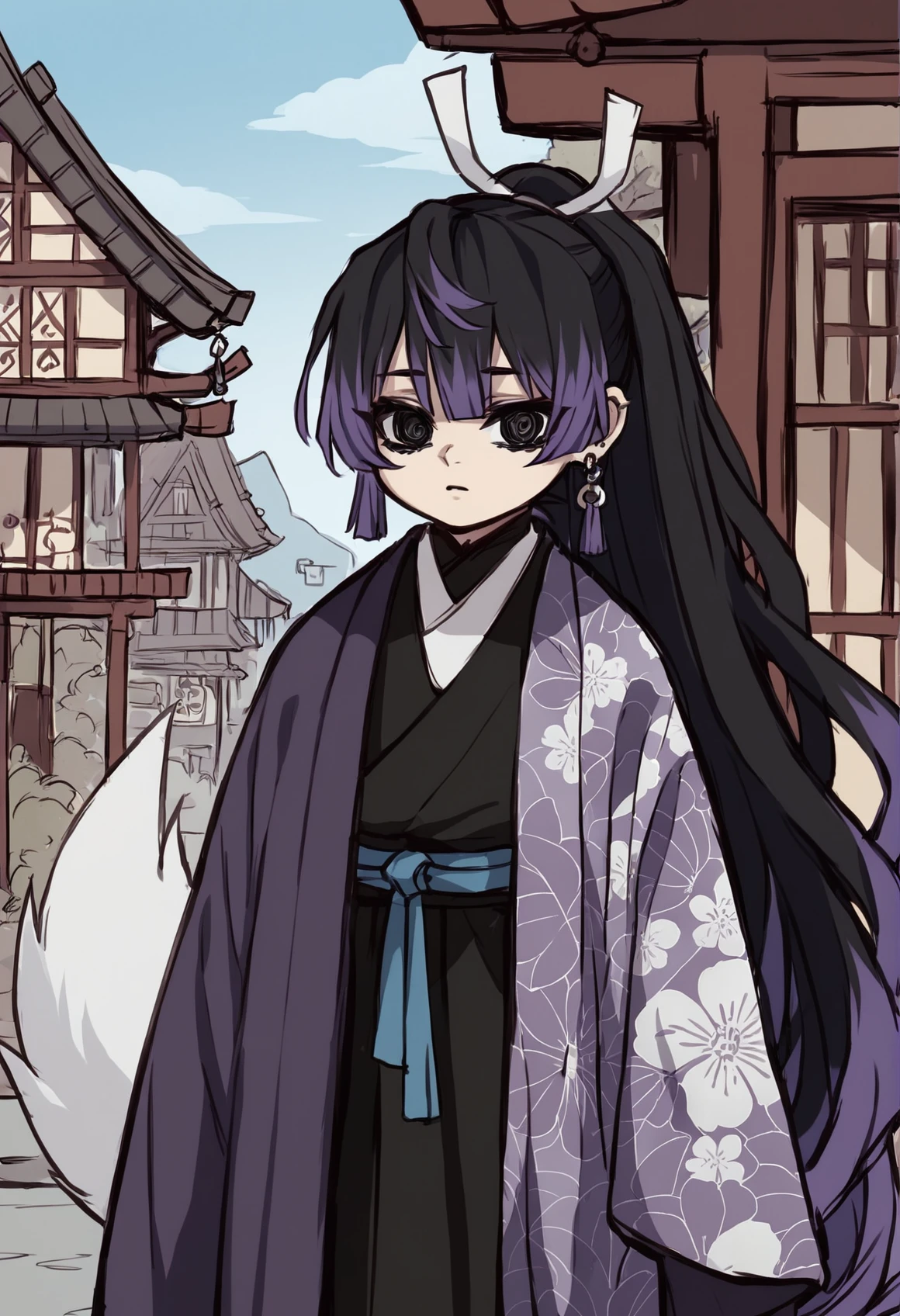 (score_9, score_8_up), score_7_up, zPDXL, FoxDemon, 1girl, solo, black hair, two-tone hair, ponytail, earring, black eyes, fox tail, white tail, purple mantle, oversized clothes, floral print, layered clothes, black kimono, sleeves past fingers, (chibi), (outdoors, village), <lora:Fox_Demon_Girl_XL_Pony_SingleShot:1> <lora:Potat-lineart_sketch_v1-USENEG:-0.8> (lineart, sketch)