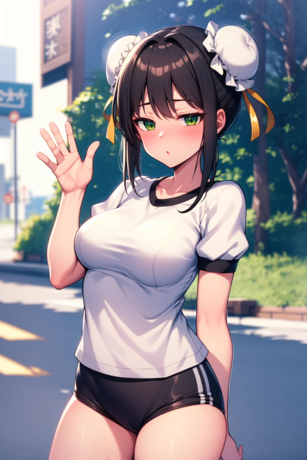 solo, masterpiece, best quality, outdoors, street, cowboy shot, looking at viewer, standing, closed mouth, :o, blush, qin, green eyes, black hair, hair bun, double bun, sidelocks, green ribbon, hair ribbon, white shirt, short sleeves, gym uniform, baruma, waving