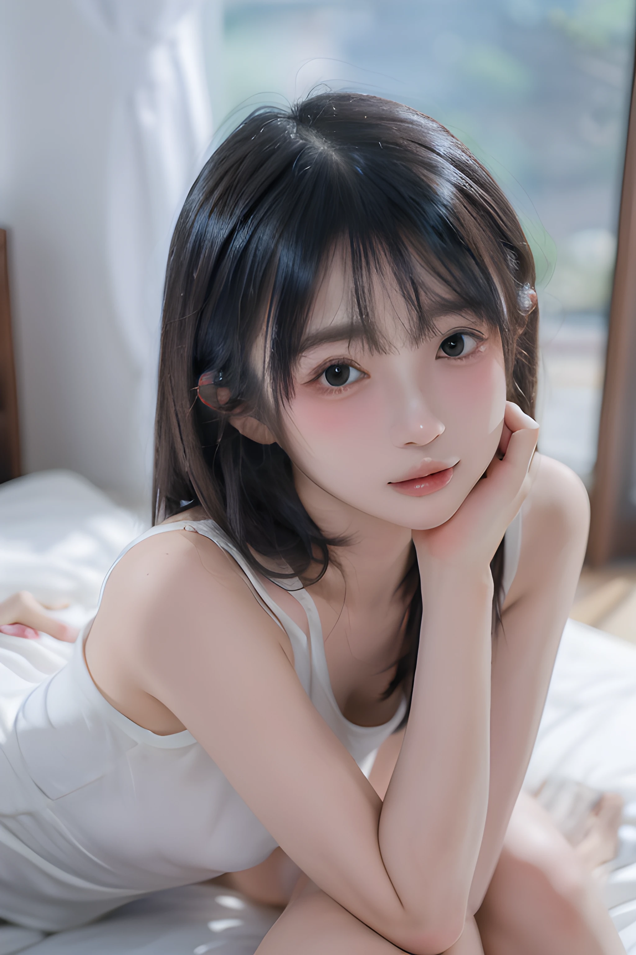 ((sfw: 1.4)), Ultra High Resolution, (Realistic: 1.4), RAW Photo, Best Quality, (Photorealistic), Focus, Soft Light, (()), ((Japanese)), (Front, Young Face))), (Depth of Field), (One Piece), Masterpiece, (Photoreal), Woman, Bangs, (( off-the-shoulder top, Bedroom, smile, 1 Girl))