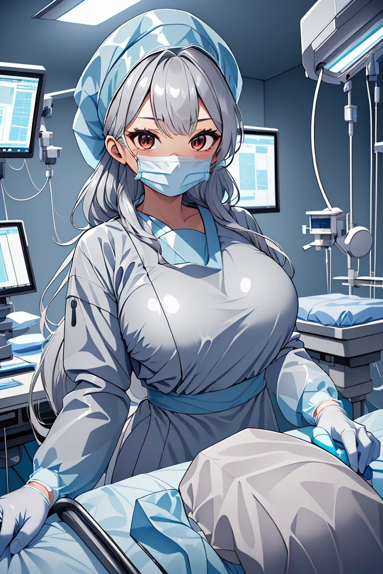 (RAW photo, best quality), (1girl), operating room, overhead surgical light,blurred background, focused,
 <lora:Asami_Fujimoto_3dC_V1.0:0.8> (asami fujimoto, 3dcg_19,long hair,gray_hair), 
 <lora:surgical_v3:0.8> (surgical_uniform_3.0, surgical mask, gloves,surgical cap,long sleeves),