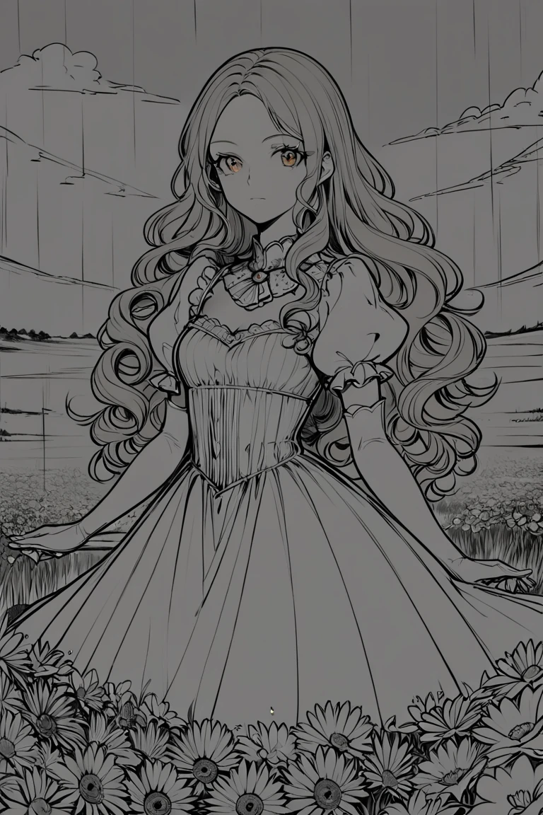 score_9, score_8_up, score_7_up, rating_safe, lineart, flat color, monochrome, greyscale, 1girl, solo, long hair, curly hair, wavy hair, orange hair, orange eyes, looking at viewer, breasts, dress, white dress, puffy sleeves, puffy short sleeves, short sleeves, gloves, elbow gloves, white gloves, cowboy shot, closed mouth, standing, outdoors, field, flower, grass, plant, sky <lora:LineArt Mono Style LoRA_Pony XL v6:1>