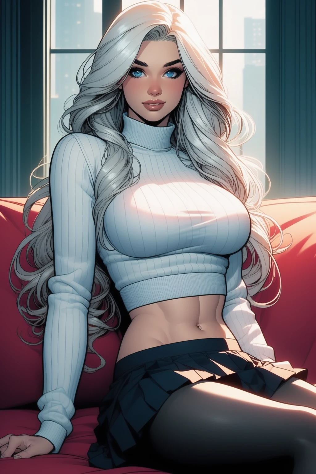 1girl, solo, long hair, breasts, looking at viewer, blush, smile, blue eyes, skirt, large breasts, long sleeves, navel, sitting, braid, white hair, pantyhose, pleated skirt, midriff, artist name, indoors, miniskirt, hair over one eye, sweater, lips, pillow, window, single braid, muscular, turtleneck, watermark, abs, couch, hair over shoulder, web address, ribbed sweater, thighband pantyhose, toned, patreon username, turtleneck sweater, muscular female, on couch, blue sweater, obliques, cropped sweater<lora:EMS-349021-EMS:1.300000>