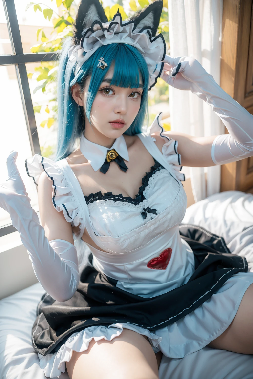 best quality,masterpiece,on bed,1girl,solo,sitting,spread legs,heart hands,blush,eyeliner,eyeshadow,eyelashes,blunt bangs,short bangs,gigantic breasts,saggy breasts,<lora:lemon0015-NIKKE Privaty Unkind Maid_v1:0.9>,lemon0015,maid,maid apron,frilled dress,frills,clothing cutout,elbow gloves,bell,fake animal ears,blue hair,