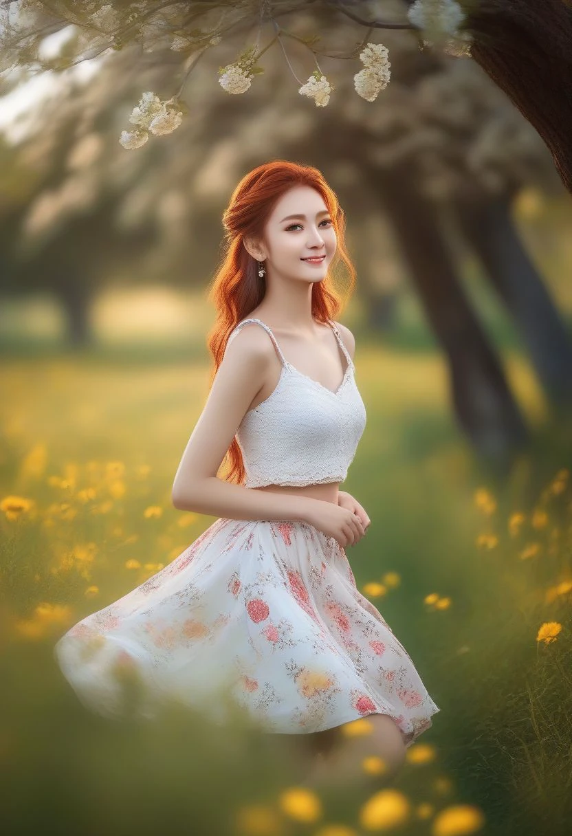 masterpiece, best quality, gorgeous pale american cute girl, smiling, (crop top), red hair loose braided hair, short polca skirt, lean against a tree, field, flowers smiling, perfectly symmetrical face, detailed skin, elegant, alluring, attractive, amazing photograph, masterpiece, best quality, 8K, high quality, photorealistic, realism, art photography, Nikon D850, 16k, sharp focus, masterpiece, breathtaking, atmospheric perspective, diffusion, pore correlation, skin imperfections, DSLR, 80mm Sigma f2, depth of field, intricate natural lighting, looking at camara