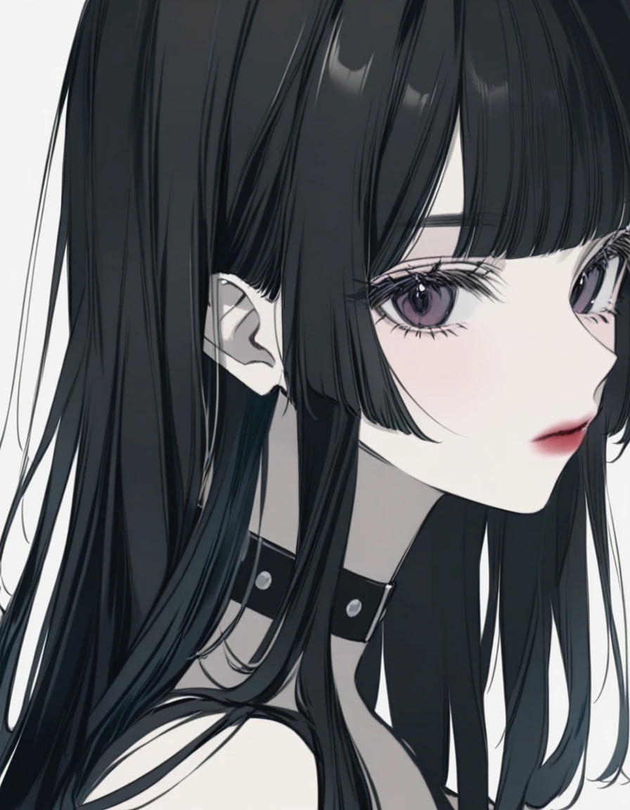 1girl,style5,black_hair,blunt_bangs,blush,breasts,choker,expressionless,hime_cut,lips,lipstick,long_hair,looking_at_viewer,makeup,shirt,solo,straight_hair,white_background,<lora:style5-xl:1.6>,