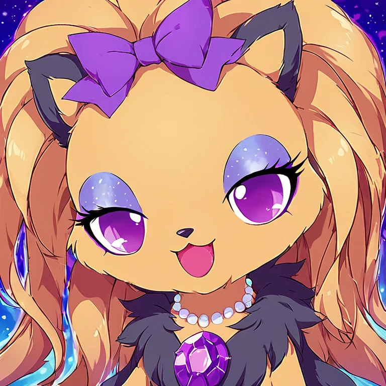 score_9, score_8_up, score_7_up, 
jewel pet,Topaz,solo,looking at viewer,smile,open mouth,bow,jewelry,purple eyes,hair bow,necklace,pokemon (creature),no humans,makeup,:3,half-closed eyes,eyeshadow,straight-on
 <lora:jewel_petPony:0.8>