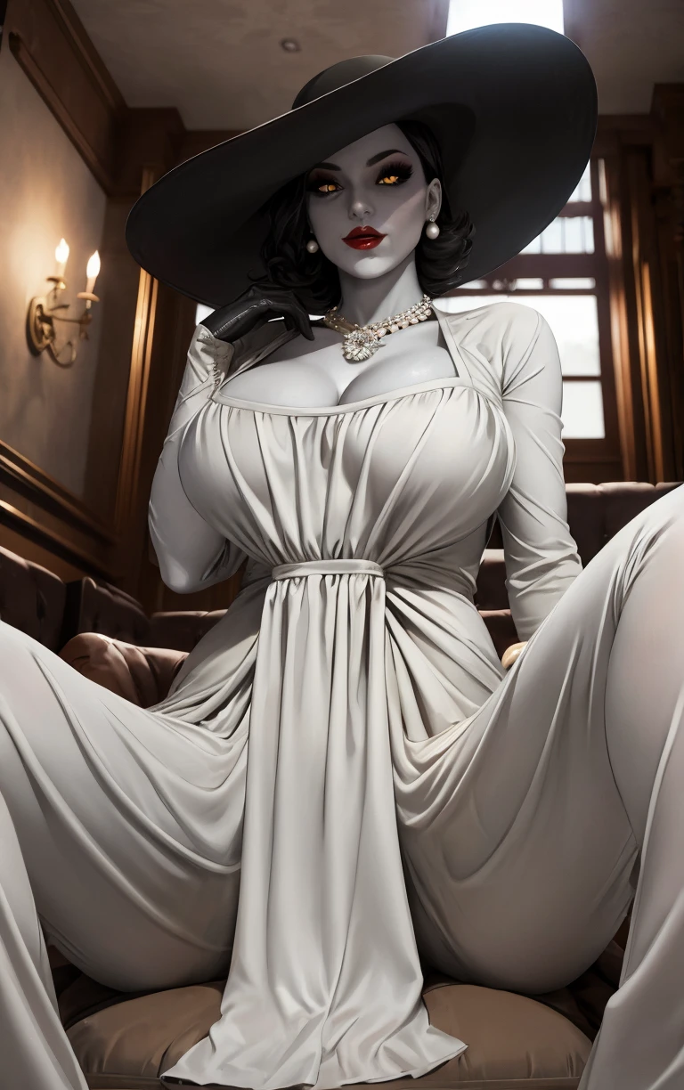 (masterpiece, best quality:1.4), insaneres, absurdres, solo, looking at viewer,BREAK 
GAME_REvilVill_LadyDimitrescu_whitedress_ownwaifu,
1girl, pale skin, (grey skin), colored skin, pearl necklace, black hair, short hair, yellow eyes, colored sclera, mature female, large breasts, huge breasts, tall female, giant, giantess, lips, collarbone, jewelry, necklace, earrings, lipstick, makeup, breasts, red lips, 
cleavage,  white dress, hat, sun hat, black rose, black gloves, gloves,  black headwear, long dress, long sleeves,
((sitting, spread legs)), arms behind back, couch, window shade, indoors, <lora:GAME_REvilVill_LadyDimitrescu_whitedress_ownwaifu:0.95> , depth of field