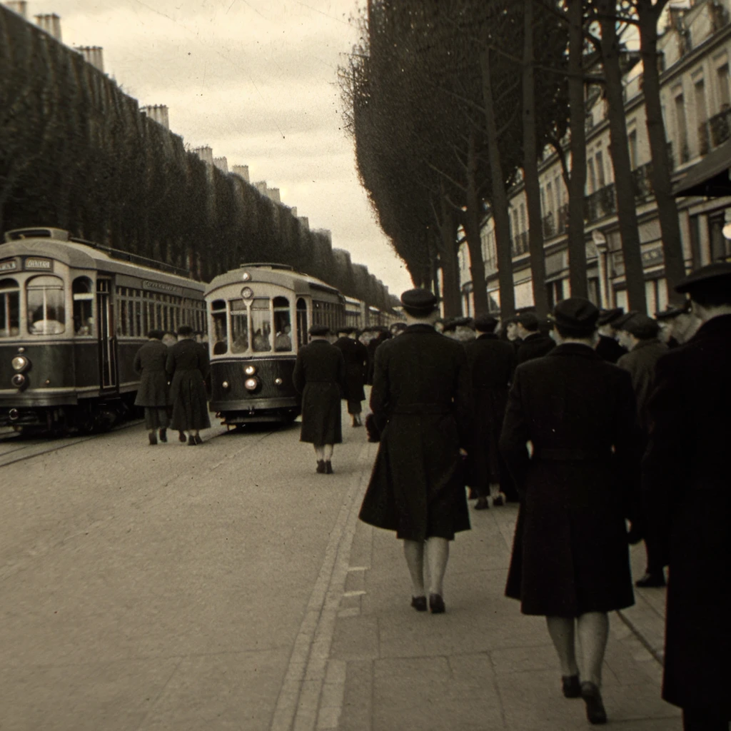 Create a black and white image that captures a vintage streetcar in Paris, France, during the year 1947. The streetcar should be the focal point, moving along a cobblestone street lined with historic Parisian buildings, each exhibiting the architectural charm of the era. Include pedestrians in period-appropriate attire to add a sense of life and authenticity to the scene. The surrounding environment should feature elements typical of Paris in the late 1940s, such as lampposts, vintage cars parked along the side of the street, and perhaps the distant silhouette of an iconic monument to ground the setting in its specific location. The composition should use light and shadow to create a dramatic and nostalgic atmosphere, evoking the essence of post-war Paris. The image should be detailed enough to allow viewers to feel the texture of the cobblestones, the intricate design of the streetcar, and the bustling life of the city during this historical period, all while maintaining a sense of timeless elegance.