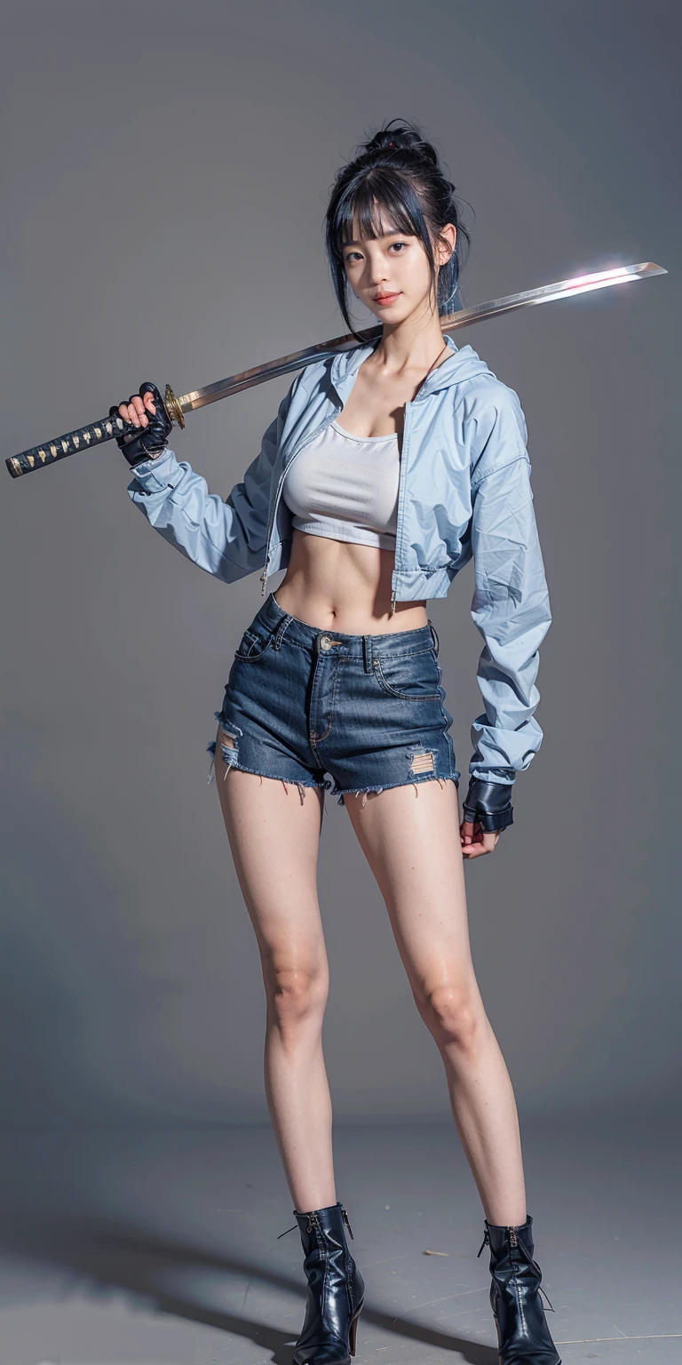 katana, holding katana, katana over shoulder, 1girl, solo, high-heeled boots,   Coat, pantyhose, denim shorts,   full body, stand,  Blue hair, Fringe hairstyle,  masterpiece, best quality,8k, simple background, 