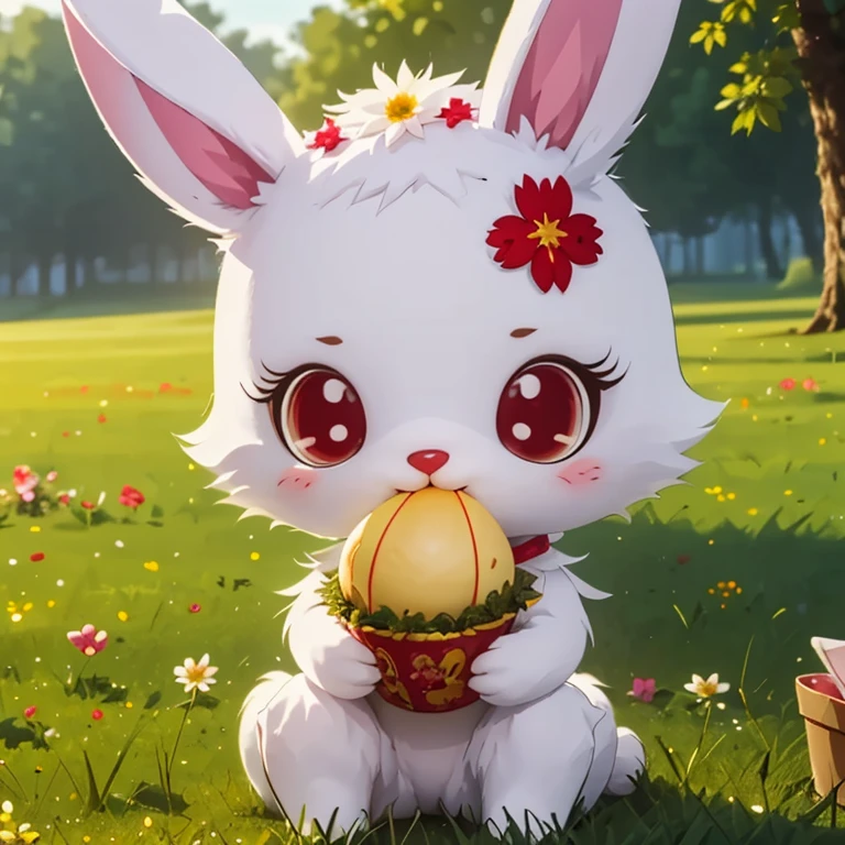 masterpiece,
jewel pet,Ruby,1girl,solo,looking at viewer,holding,animal ears,sitting,flower,outdoors,food,rabbit ears,no humans,eating,grass,furry,rabbit,white fur,red eyes
, <lora:jewel_pet:0.8>